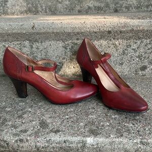 Frye Burgundy T-Strap Heels
